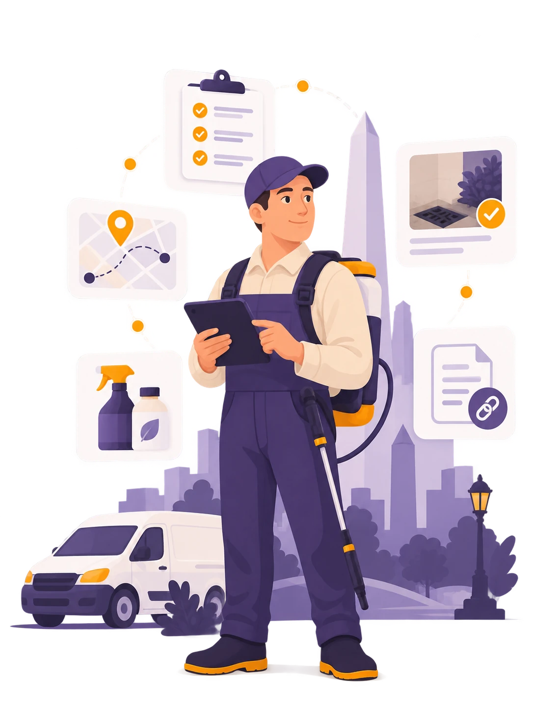 Profesional de servicios organizando ubicaciones, productos, evidencias y documentación desde una tablet