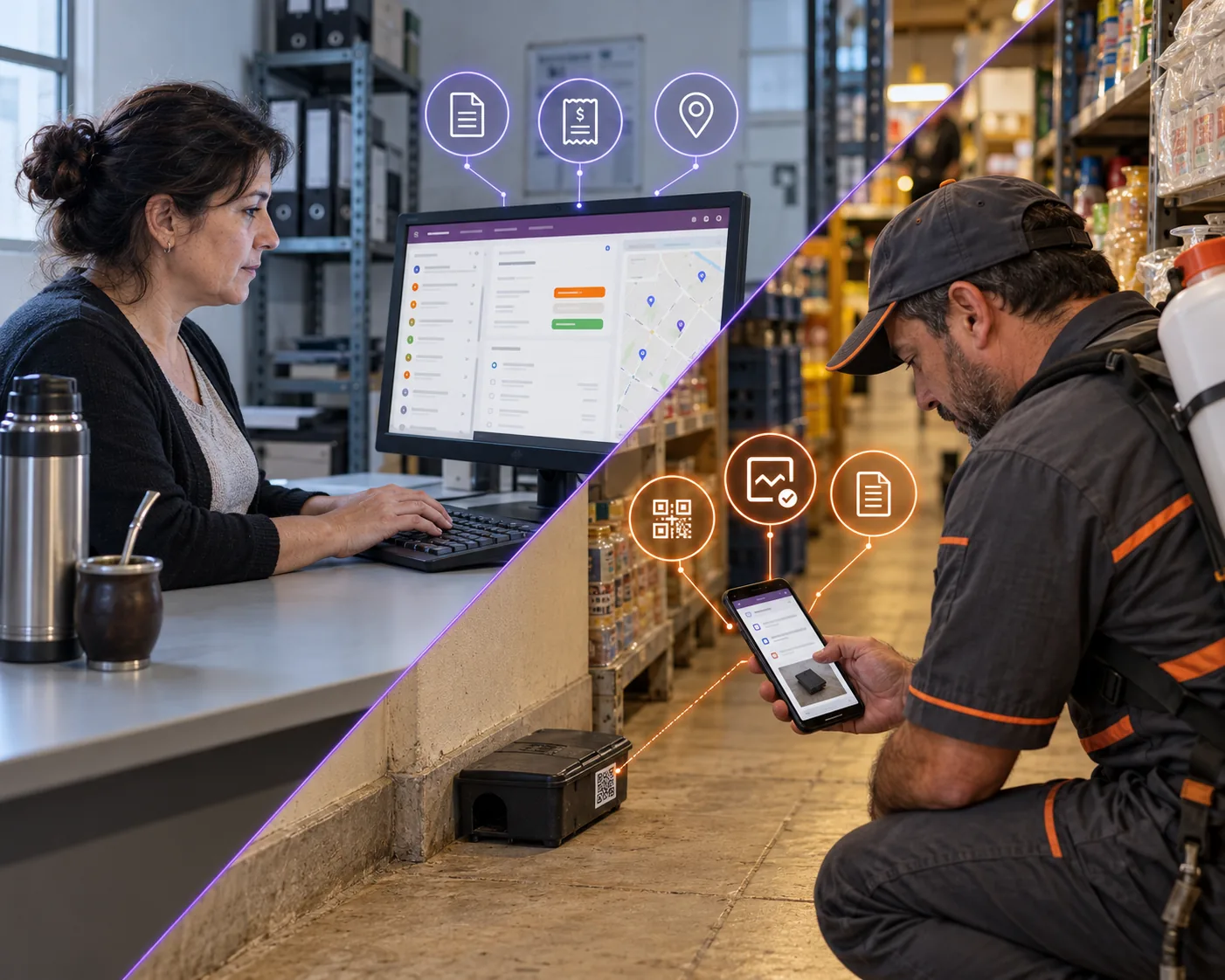 Administradora planifica servicios en una computadora y técnico registra una estación de control de plagas en un comercio